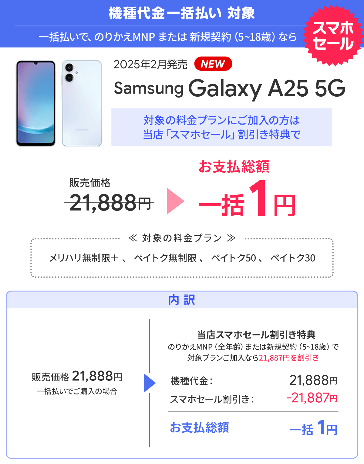 ソフトバンク「Galaxy A25 5G」が割引き！スマホ乗り換えドットコムキャンペーン「スマホセール」