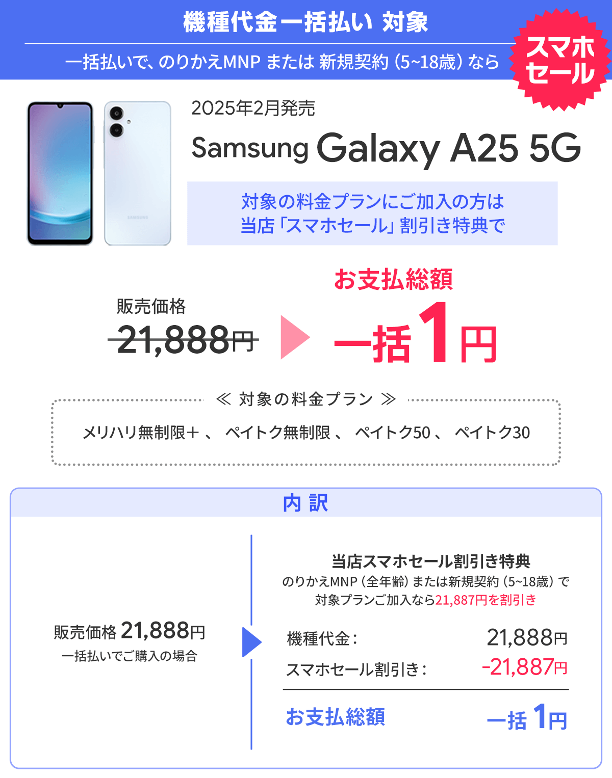 ソフトバンク「Galaxy A25 5G」が割引き！スマホ乗り換えドットコムキャンペーン「スマホセール」