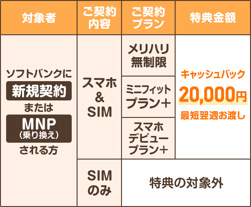 キャッシュバック額と条件の表