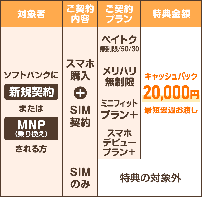 キャッシュバック額と条件の表
