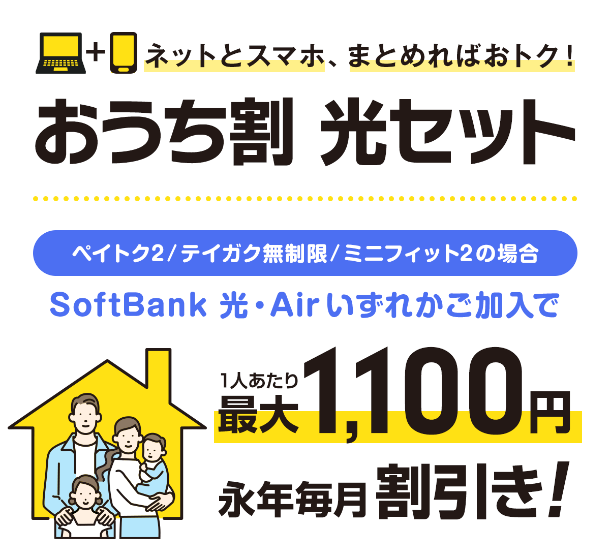 ネットとセットで家族全員のスマホ代が永年毎月、最大1,000円割引になります。