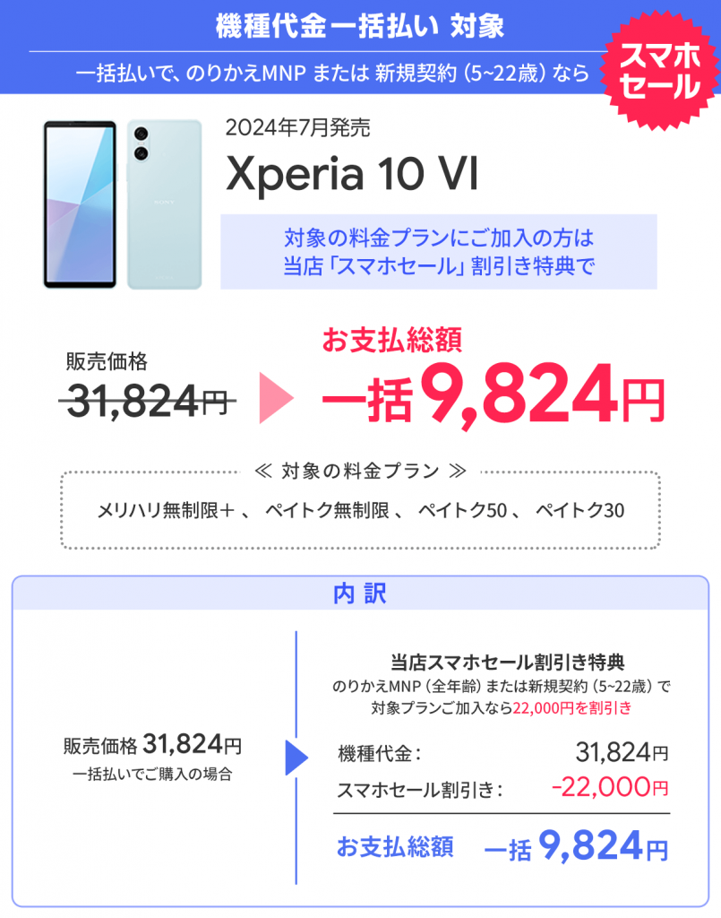 スマホセール「Xperia 10 VI 」が一括9,824円！【スマホ乗り換えドットコム】